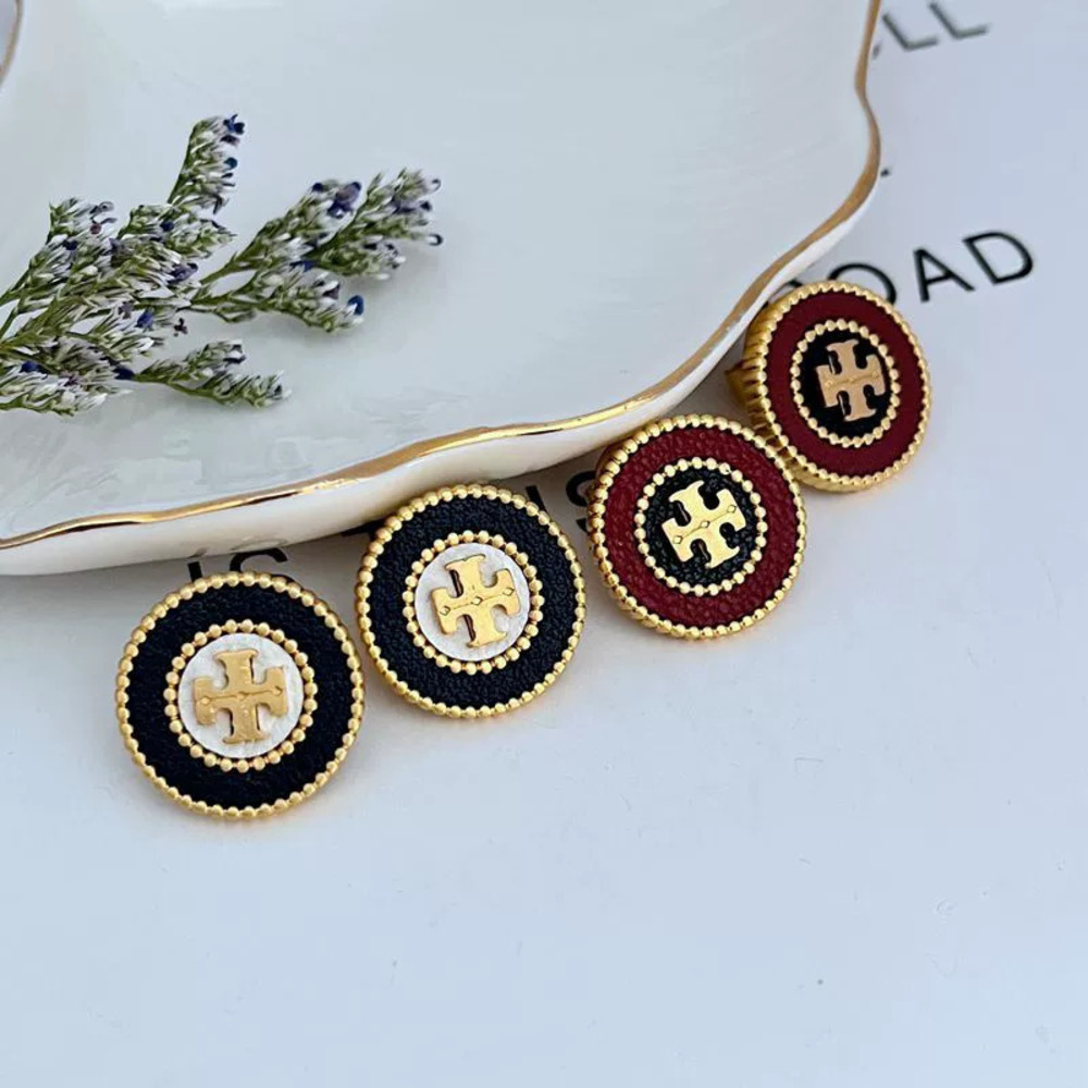 Tory Burch Retro Leather Logo Geometric Round Colorblock Metal Earrings